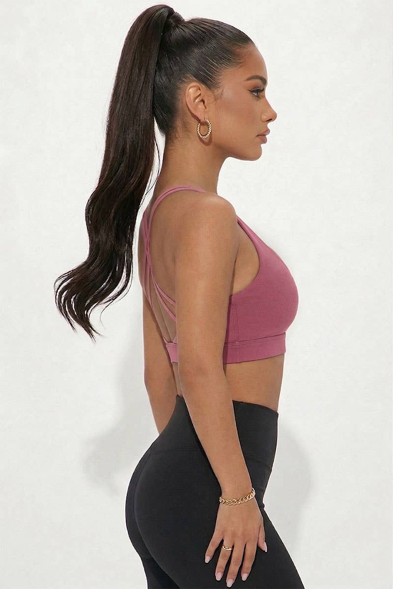 Criss Cross Back Sports Bra: DUSTY CEDAR / S