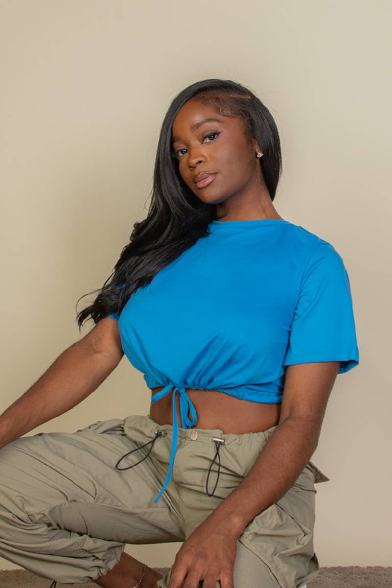 Tie Front Drawstring Short Sleeve Crop Top: BLACK / L