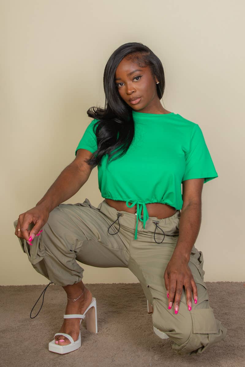 Tie Front Drawstring Short Sleeve Crop Top: WHITE / S