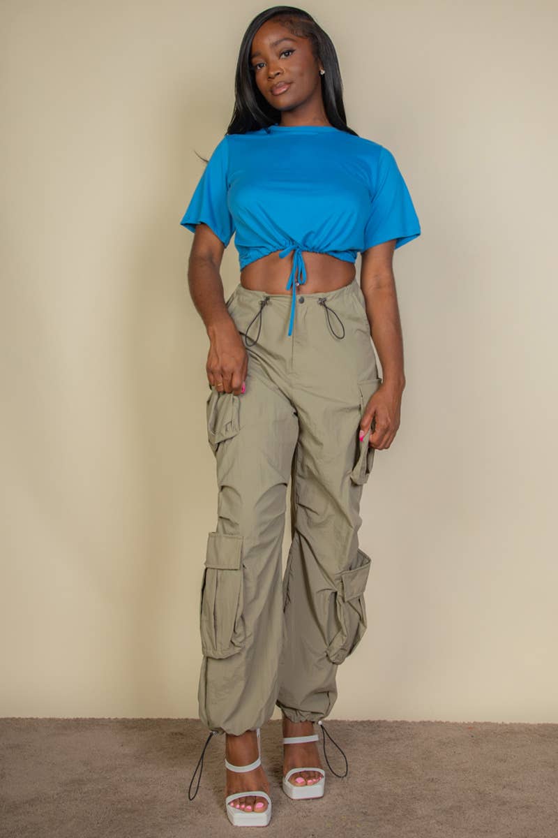 Tie Front Drawstring Short Sleeve Crop Top: IBIZA BLUE / M