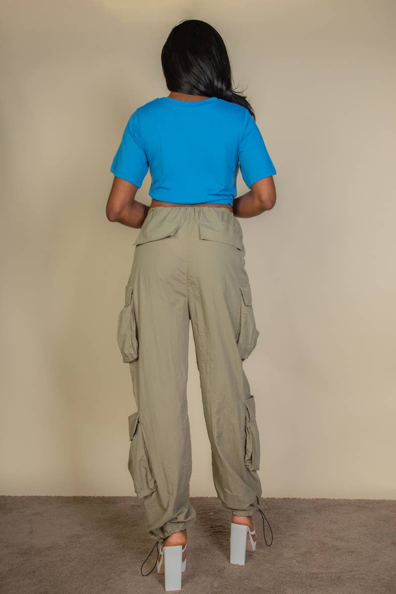 Tie Front Drawstring Short Sleeve Crop Top: IBIZA BLUE / L