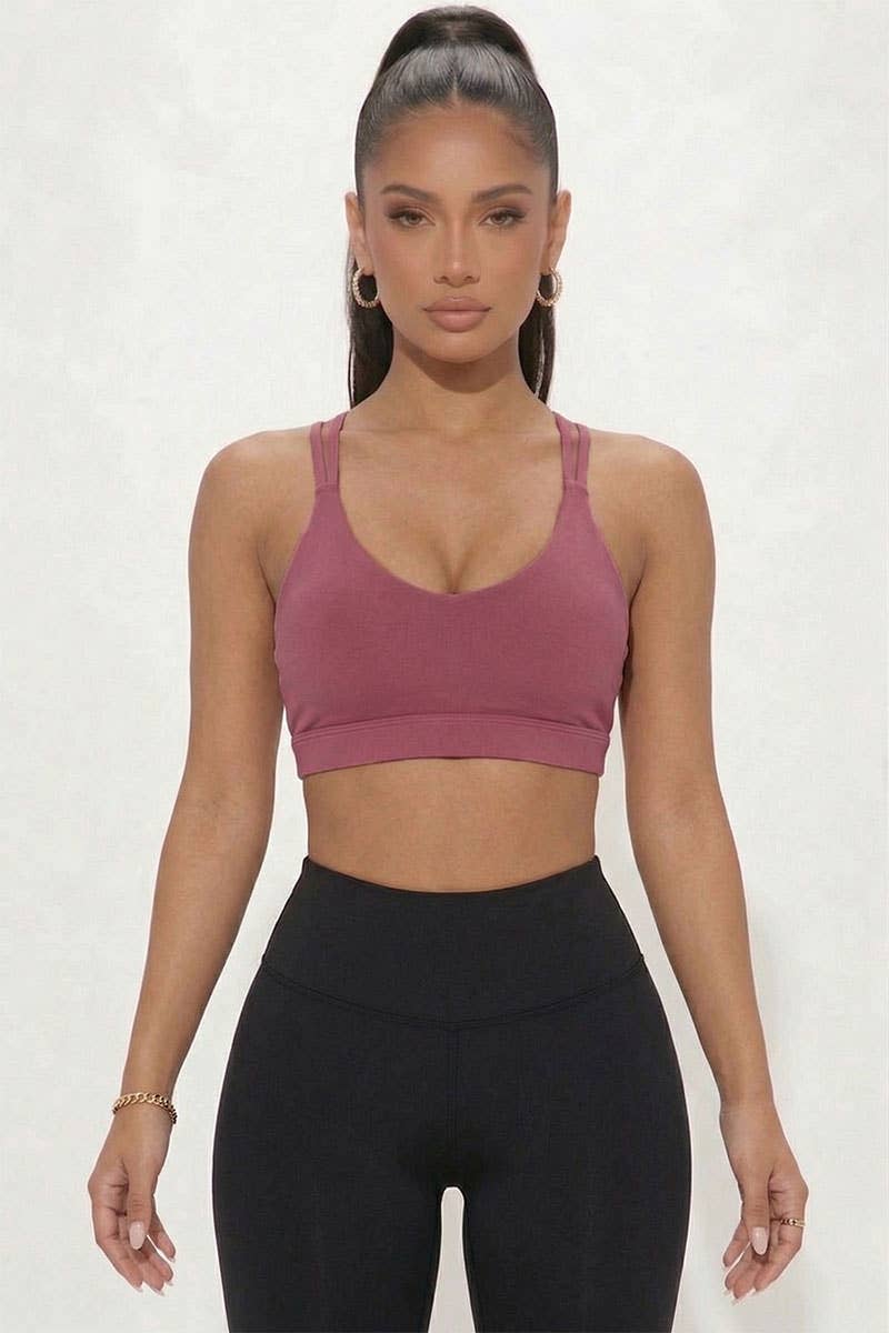 Criss Cross Back Sports Bra: DUSTY CEDAR / S